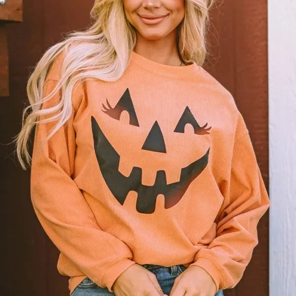 Orange Pumpkin Smile Face Graphic Sweatshirt - Picture 4 of 9